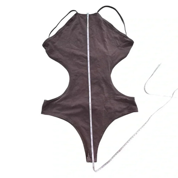 Mocha Brown Bodysuit Backless Side Cut Out TOBI Medium Strappy Low Back Halter - Picture 9 of 14